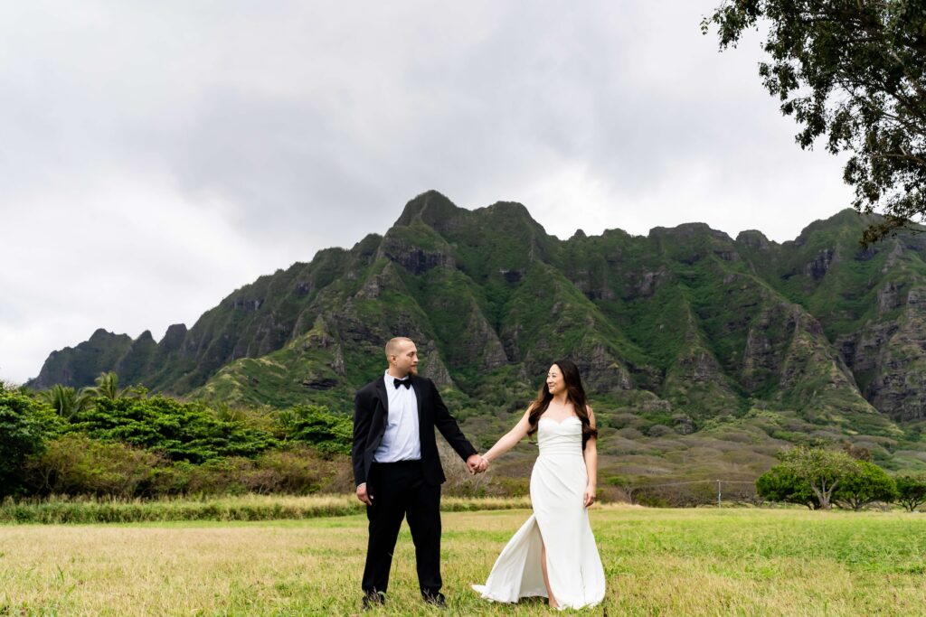 Newlywed couple holding hands in a grassy field with dramatic green mountains in the background. The bride in a white gown and groom in a black tuxedo create a timeless wedding portrait that captures the meaningful memories preserved in a wedding album.